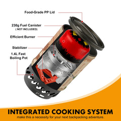 1.4L Portable Cooking System With Heat Exchanger Pot Backpacking Camping Stove with Red Tripod