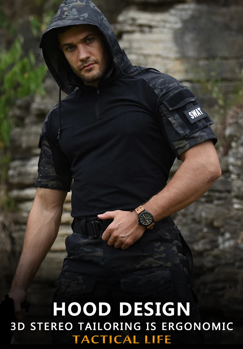 HAN WILD Tactical T-shirt Men Short Sleeves Softair Climb Shirt Men Clothing Hunting Soldiers Hood Shirt Camping Equipment