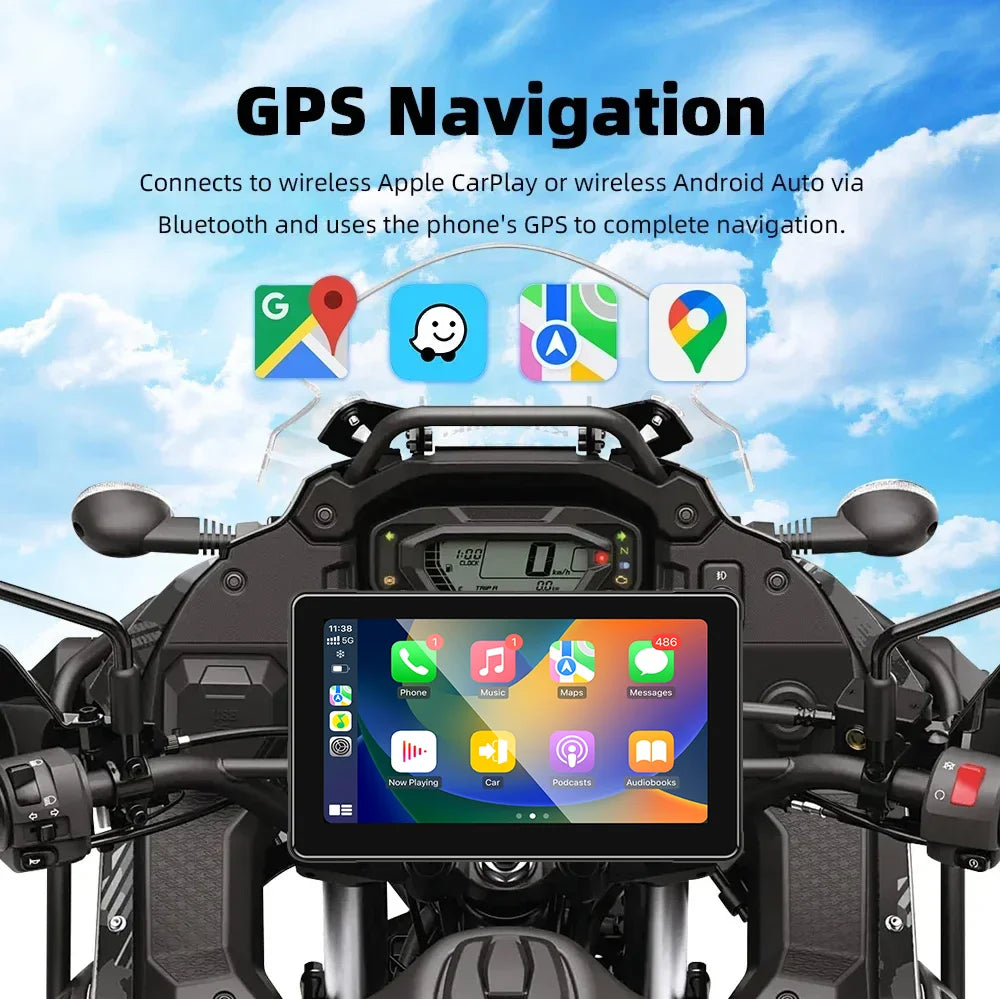 7 Inch Motorcycle Portable Navigation GPS Wireless Apple Carplay Android Auto IPX7 Waterproof Motorcycle BT Touch Screen Display