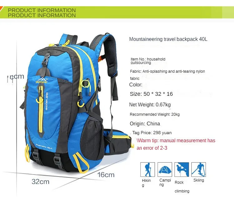 2023 Waterproof Climbing Backpacks Rucksack 40LOutdoor Sports Bag Travel Backpack Camping Hiking Backpack Women Trekking Bag Men