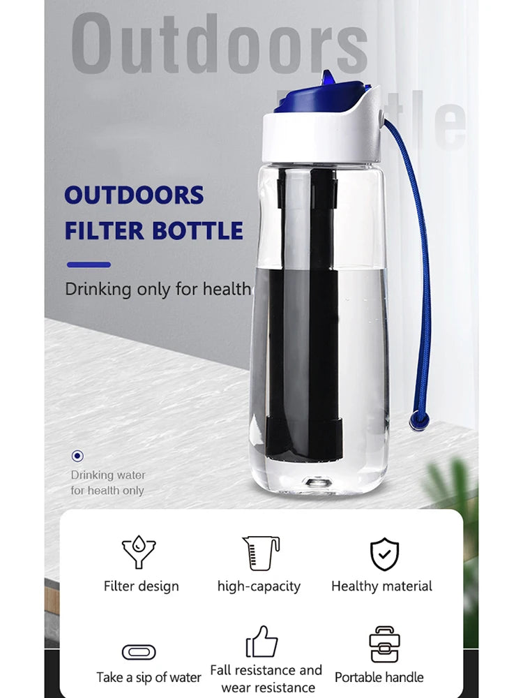 750ml Outdoor Water Filter Drinking System Bottle Survival Camping Water Filtration Bottle Purifier for Camping Hiking Traveling