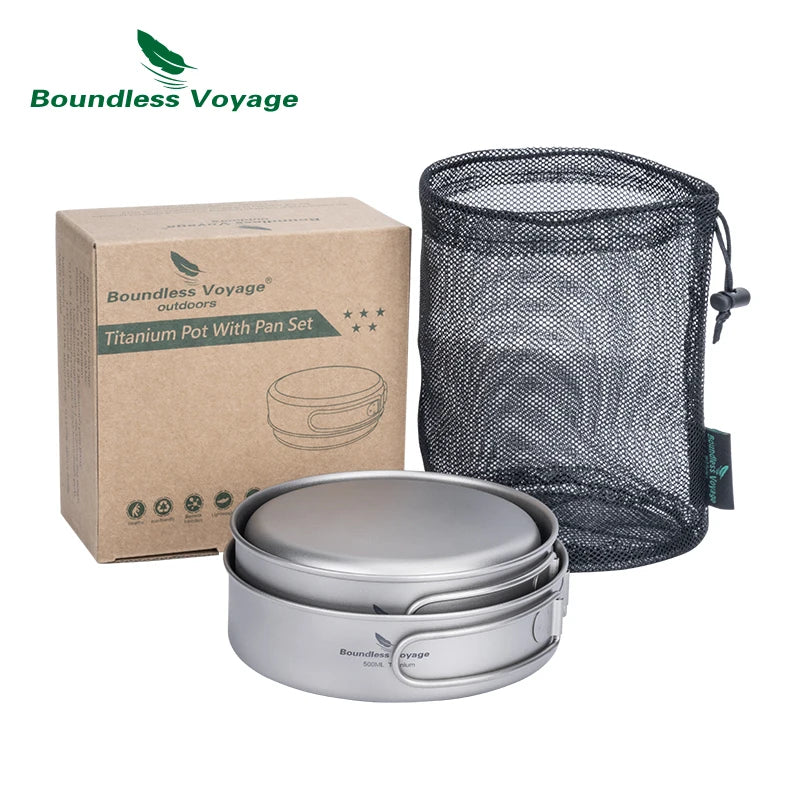 Boundless Voyage Outdoor Ultralight Titanium Pot Pan Set 3pcs Camping Plate Dish Cookware Picnic Tableware Set Ti2032C