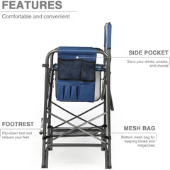 Tall Folding Chair, 30.7" Seat Height Directors Chair High Foldable Bar Stool with Side Table Cup Holder, Folding Chair