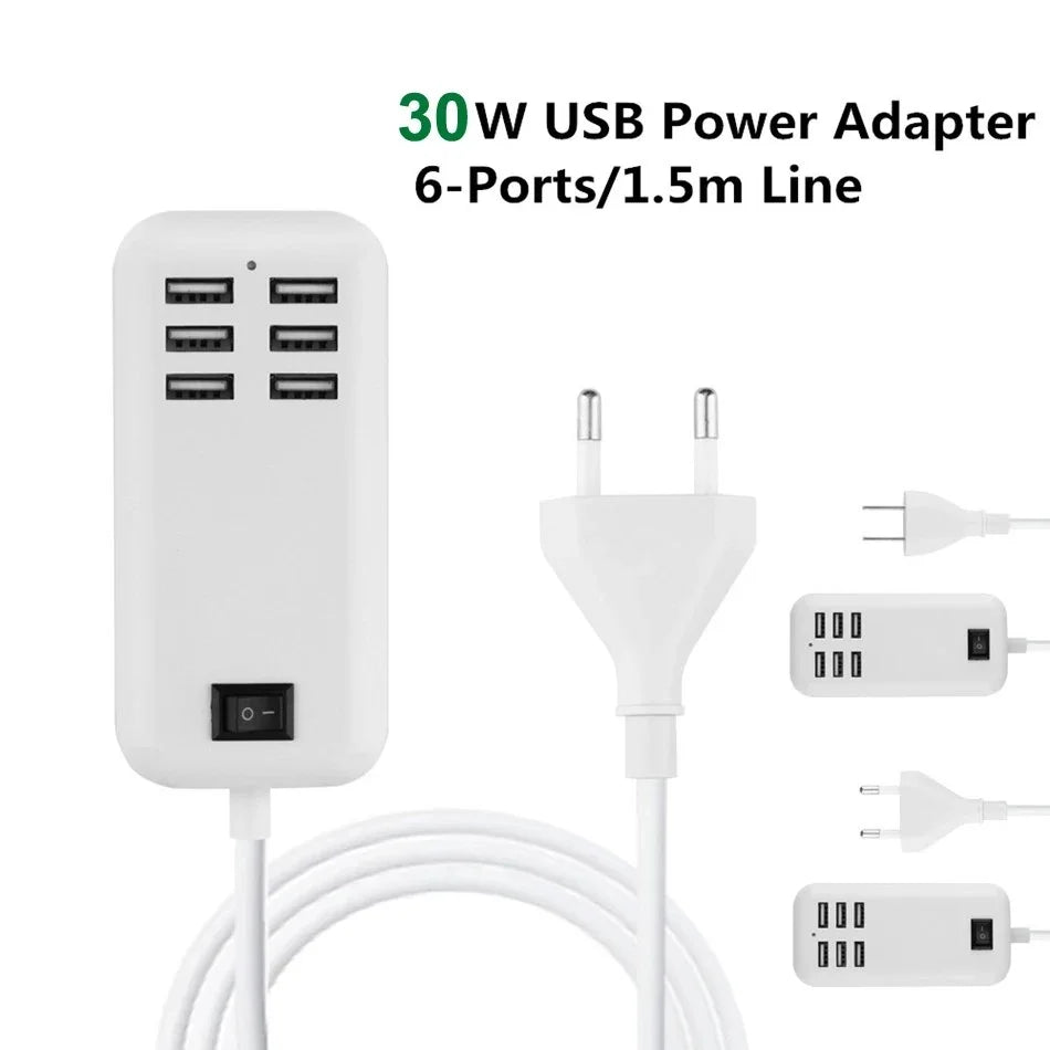 Portable 6 Ports USB Phone Charger Splitter 30W Desktop Wall Charging Extension Station Power Adapter For Smartphone USB Device