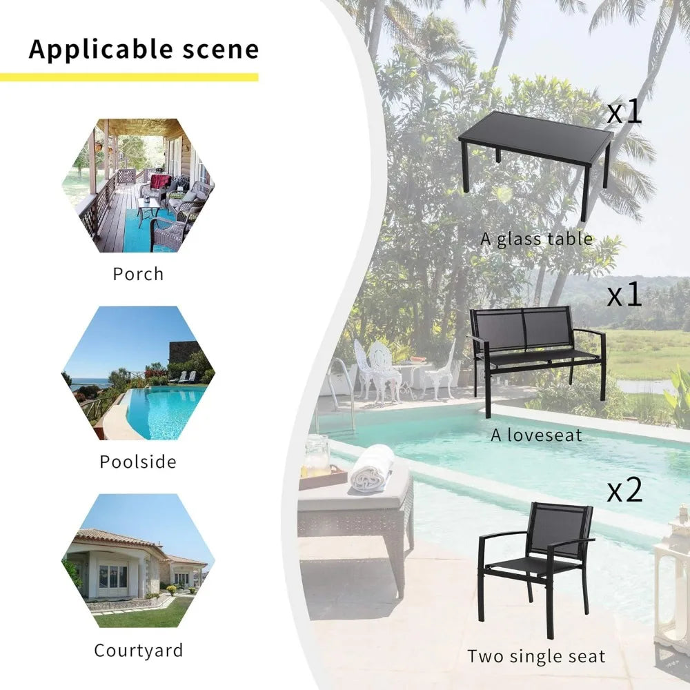 Loveseat Portable Folding Chair Lawn 2 Single Chairs for Home Garden With Glass Coffee Table Porch（Black） Outdoor Furniture