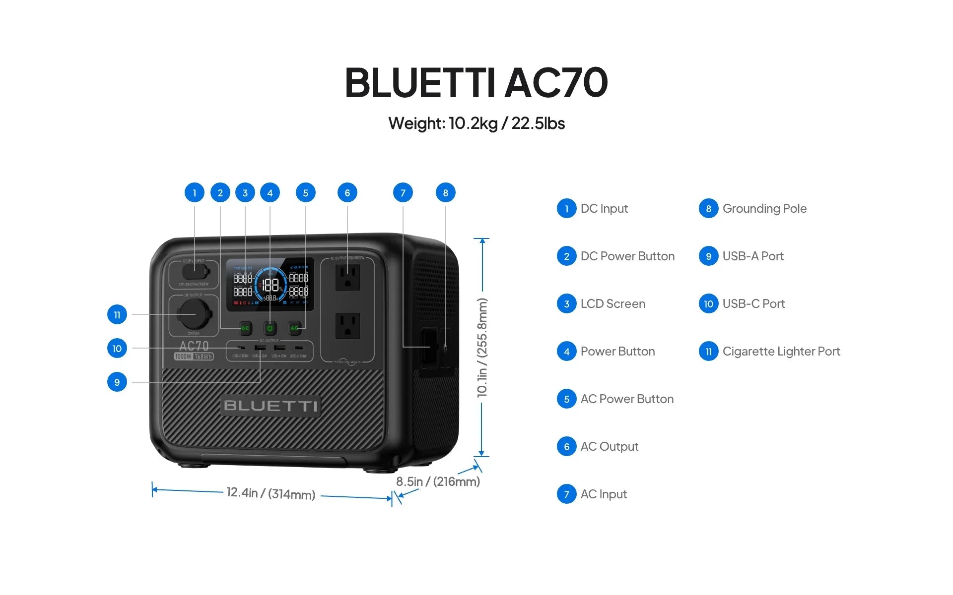 [US Plug] BLUETTI AC70 768Wh 1000W Portable Power Station Sloar Generator Camping Fishing Disaster Prevention Emergency RV Power