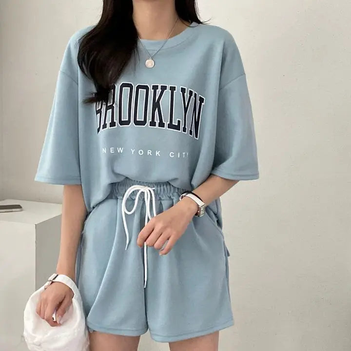 Korean Style Summer Female Sporty Outfit Running Gym Suit Women Clothing Two Piece Sets Short Sleeve T shirt Top Shorts Casual