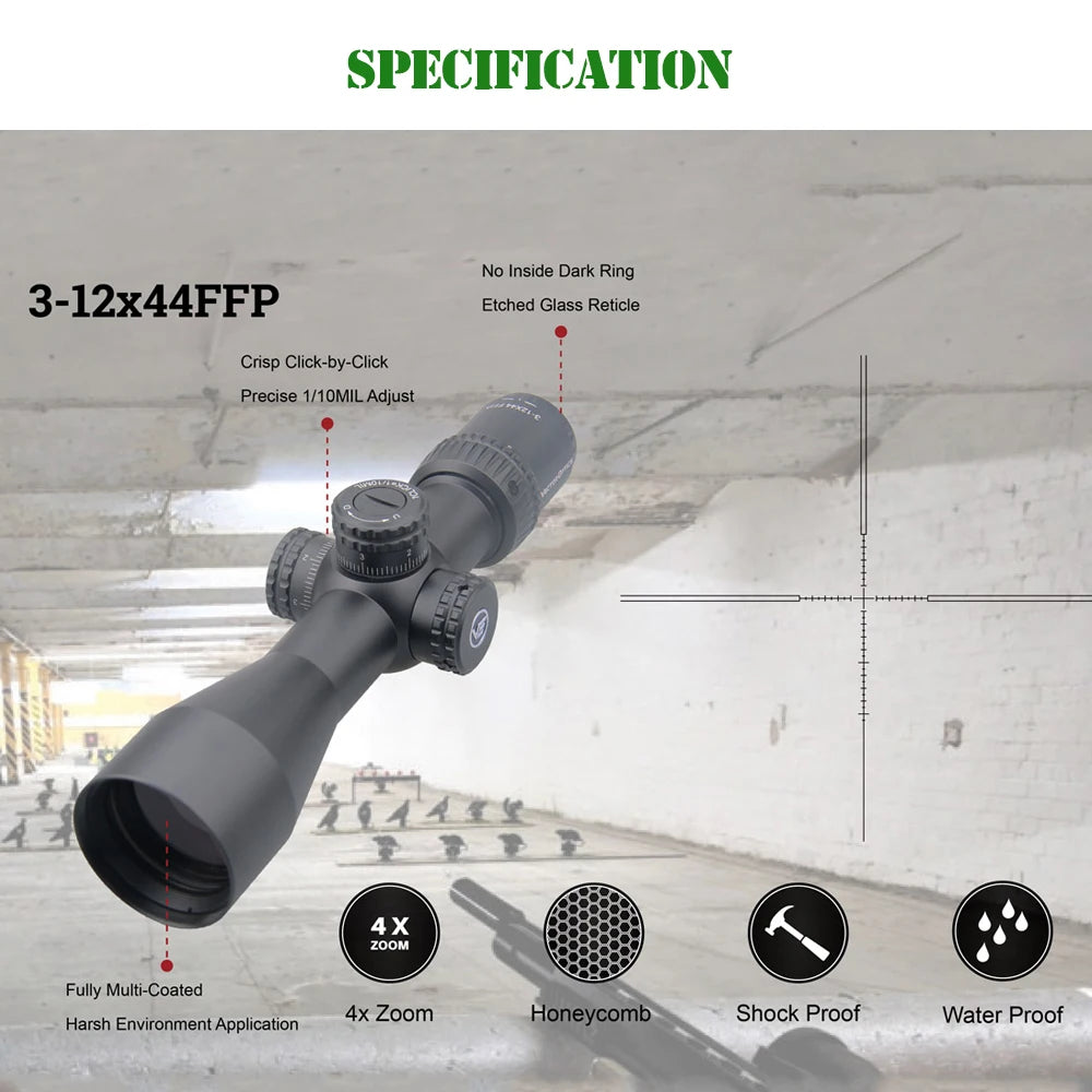 Vector Optics Veyron 3-12x44 SFP&FFP Hunting Riflescope Optical Spotting Scopes Etched MPR-4 Reticle fit Airsoft .223 .308win