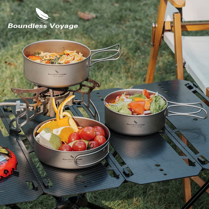 Boundless Voyage Outdoor Ultralight Titanium Pot Pan Set 3pcs Camping Plate Dish Cookware Picnic Tableware Set Ti2032C