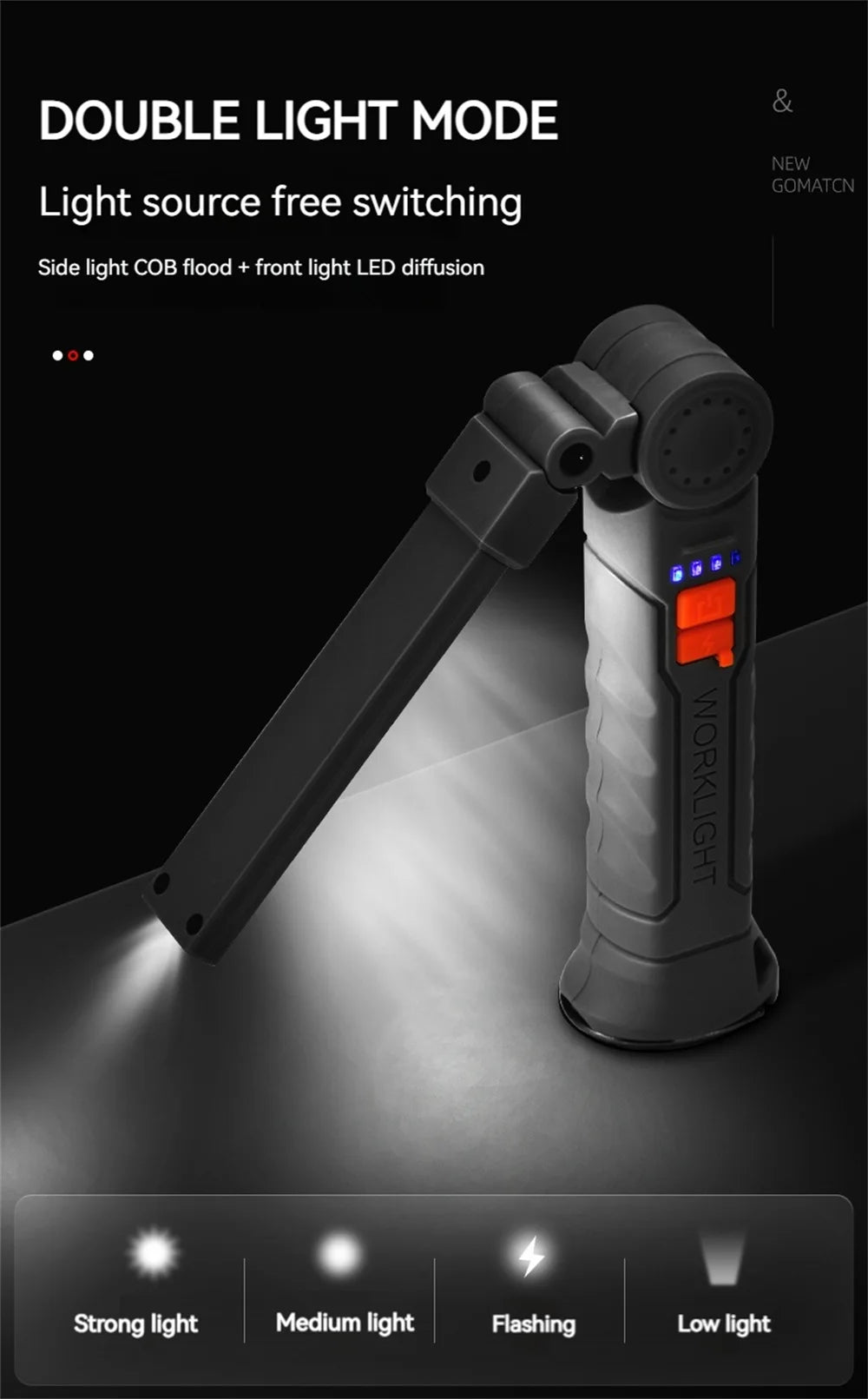 Rechargeable Camping LED Flashlight Work Light with Magnet and Hook IP64 Waterproof 5 Lighting Modes Suitable for Night Work