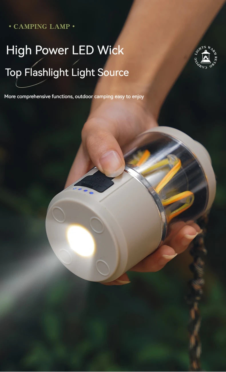 LED Tungsten Core Camping Light Portable Lanterns Rechargeable Outdoor Camping Fishing Emergency Flashlight Lamp with Rope