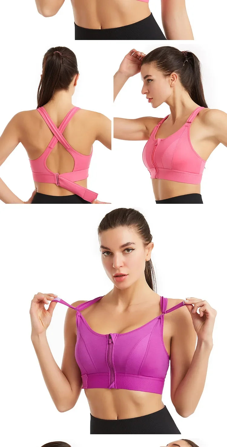 Large Size High-strength Sports Bra Women's Shockproof Running Big Chest Small Front Zipper Fitness Yoga Clothing Vest Underwear