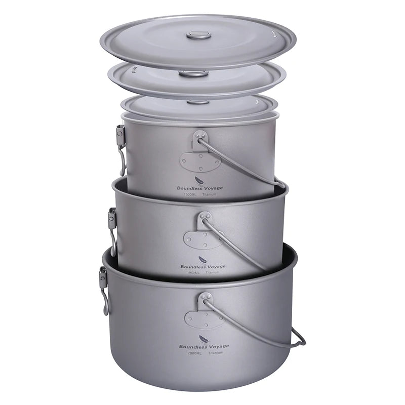 Boundless Voyage Outdoor Camping Titanium Cooking Pots Hanging Pot with Handle Picnic Hiking Kettle Cookware 1.3L 1.95L 2.9L