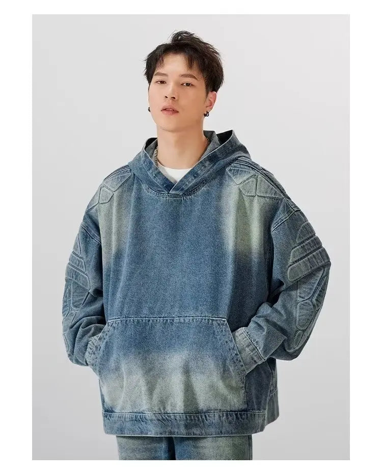 Denim Hooded Jacket Men Women Convex Turtle Shell Pattern Loose Casual Vintage Sweatshirt Coat Street Washed Denim Pullovers New