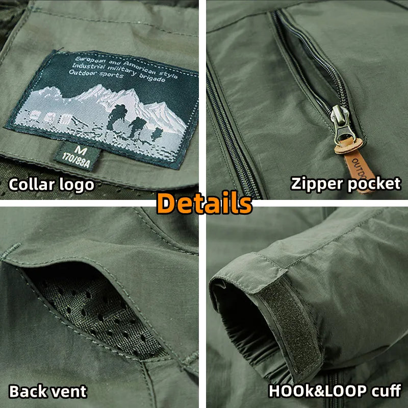 US Hot Sale Men 5XL Soft Shell Hiking Jacket Outdoor Multi-pocket Hooded Windproof Tactical Plus Size Camping Safari Windbreaker