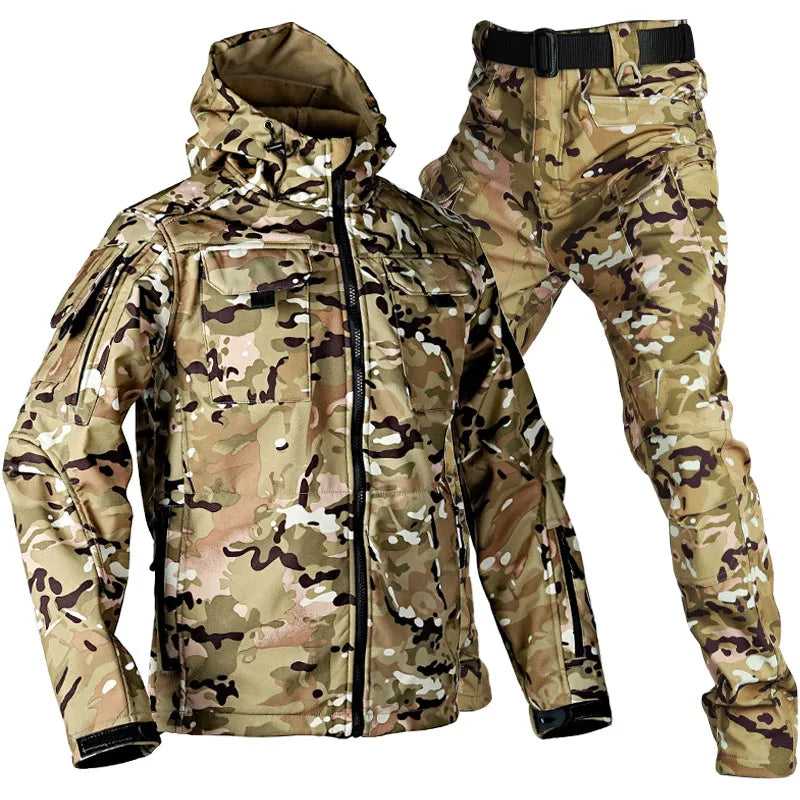 Camo Fleece Warm Sets Men Shark Skin Soft Shell Hooded Jacket+Multi-pocket Straight Cargo Pant 2 Pcs Suit Waterproof Combat Set