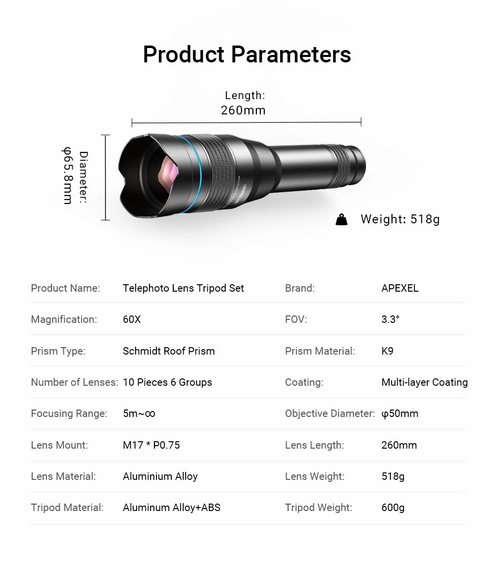 APEXEL 60X Telephoto Phone Lens Metal Monocular LongRange with Tripod for Iphone13/14 ProMax Outdoor Mobile Telescope Spot Scope