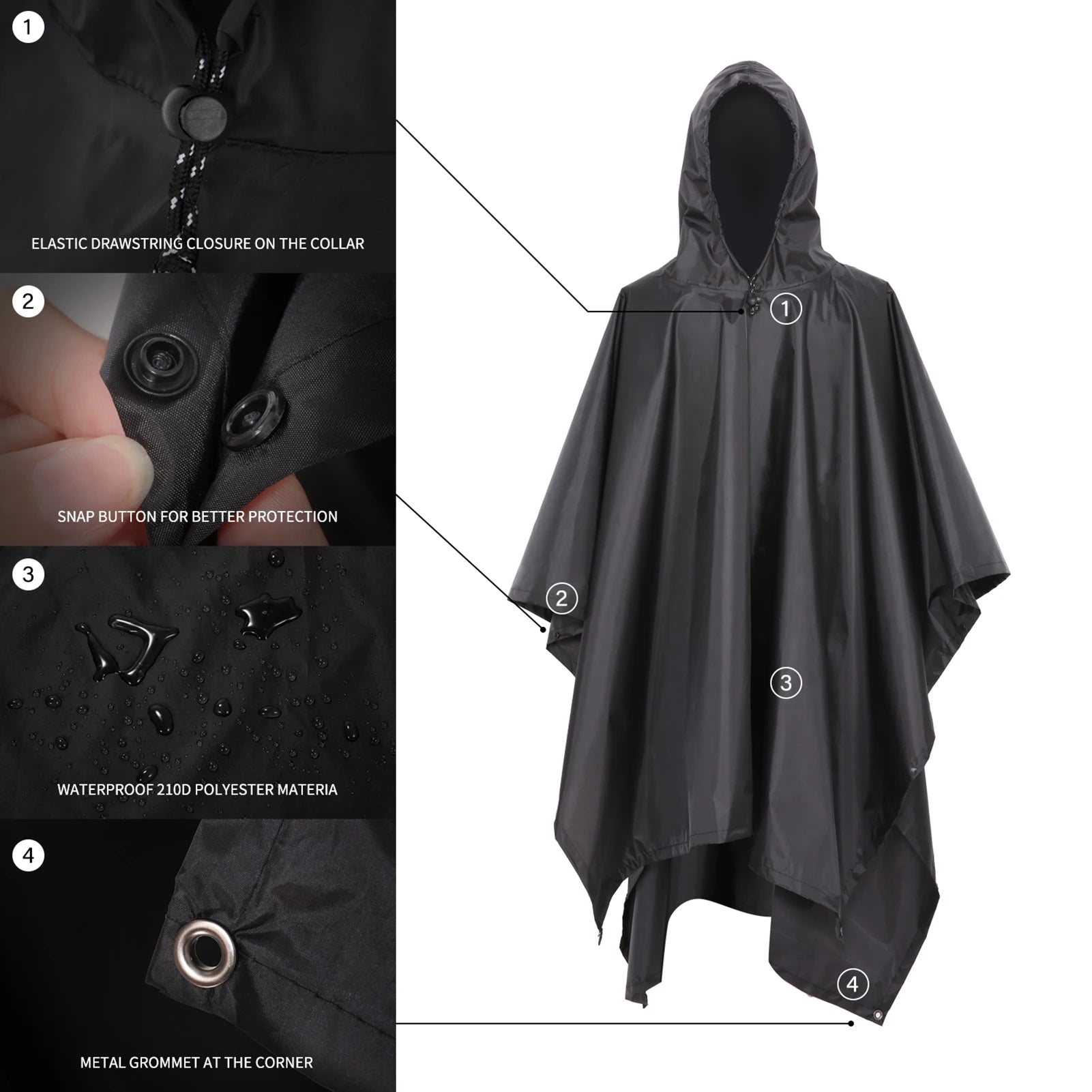 3-in-1 Waterproof Rain Poncho Lightweight Hooded Rain Coat Picnic Mat Blanket Sun Shelter for Outdoor Camping Cycle Climbing