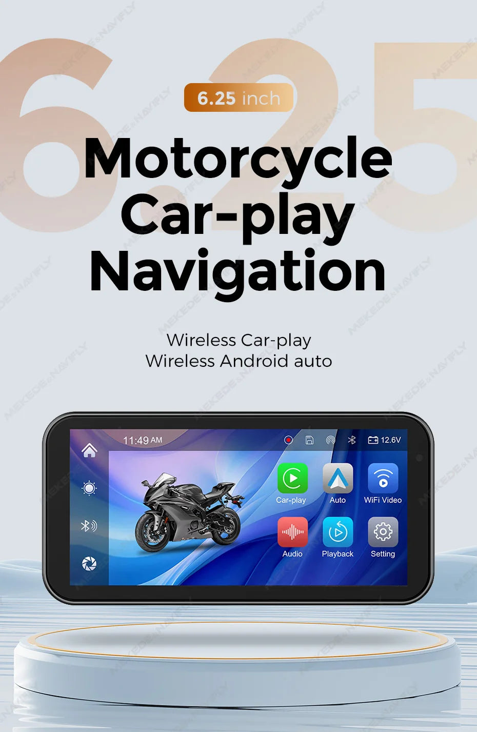 Portable 6.25 inch IP67 Waterproof Motorcycle GPS Navigation Wireless Carplay Android Auto DVR Drive Recorder Moto Monitor WIFI