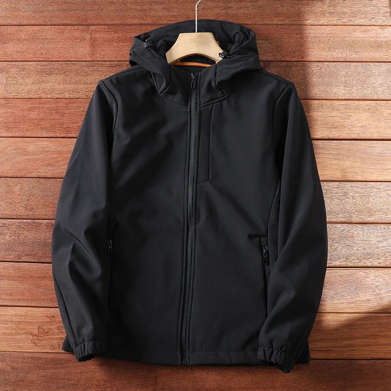 5XL Outdoor Waterproof Soft Shell Jacket Men's Autumn Winter Plus Velvet Windproof Warm Fleece Hooded Coat Military Windbreaker