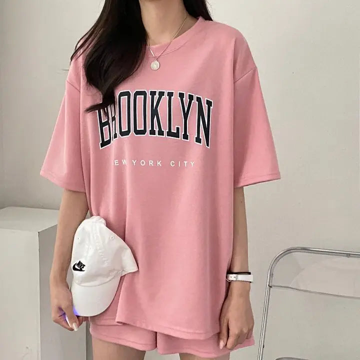 Korean Style Summer Female Sporty Outfit Running Gym Suit Women Clothing Two Piece Sets Short Sleeve T shirt Top Shorts Casual