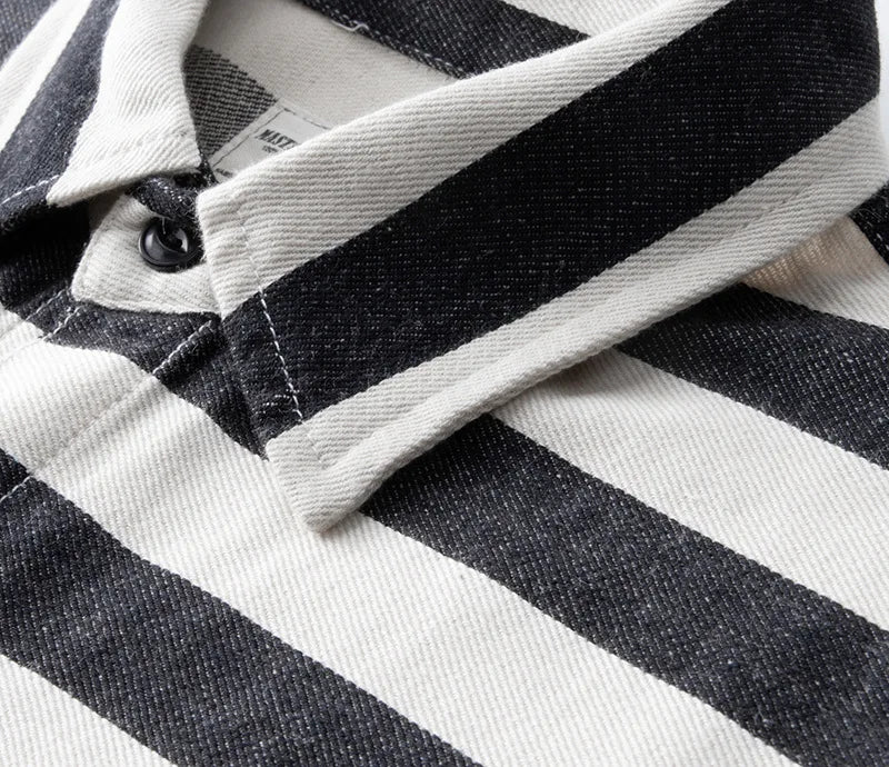 OKONKWO-Retro Black White Stripe Shirt Motorcycle Long Sleeve Stripe Cardigan Outdoor Trekking Camping Tooling Blouse Clothing