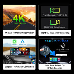 2024  10.26" Dash Cam 4K 2160P Rearview Camera Carplay & Android Auto GPS Navigation with Voice Control Car DVR BT FM Monitor