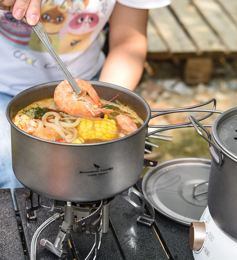 Boundless Voyage Titanium Camping Cookware Mess Kit Portable Camp Frying Pan and Pots Set with Steaming Grid for Outdoor Picnic