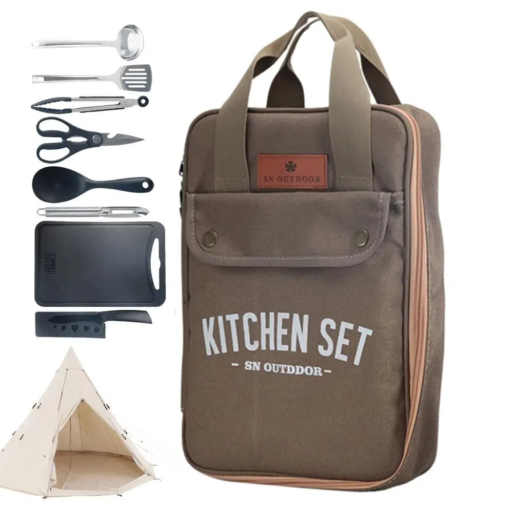 8pcs/set Camping Kitchen Cookware Set Portable Camp Kitchen Set Spatula And Cutting Board Storage Bag Set Camping Kitchenware