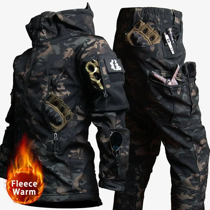 Camouflage Cargo Winter Sets Men Soft Shell Hooded Jackets+Multi-pocket Straight Pants 2 Pcs Suits Waterproof Training Suits