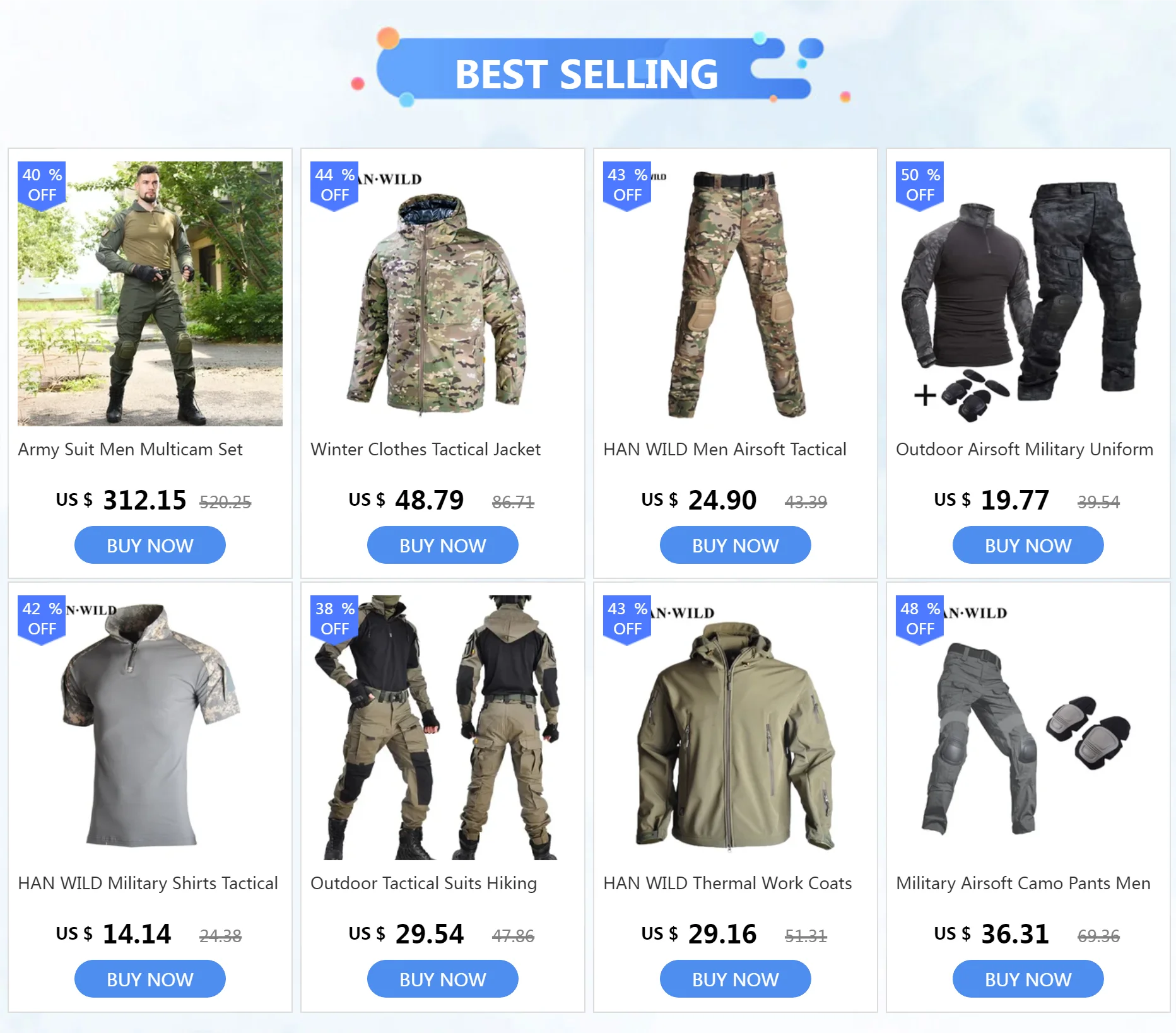 HAN WILD Hiking Combat Shirt with Pads Climbing Long Sleeve Men Camouflage Tactical Clothing Assault Shirts Camping Hunting