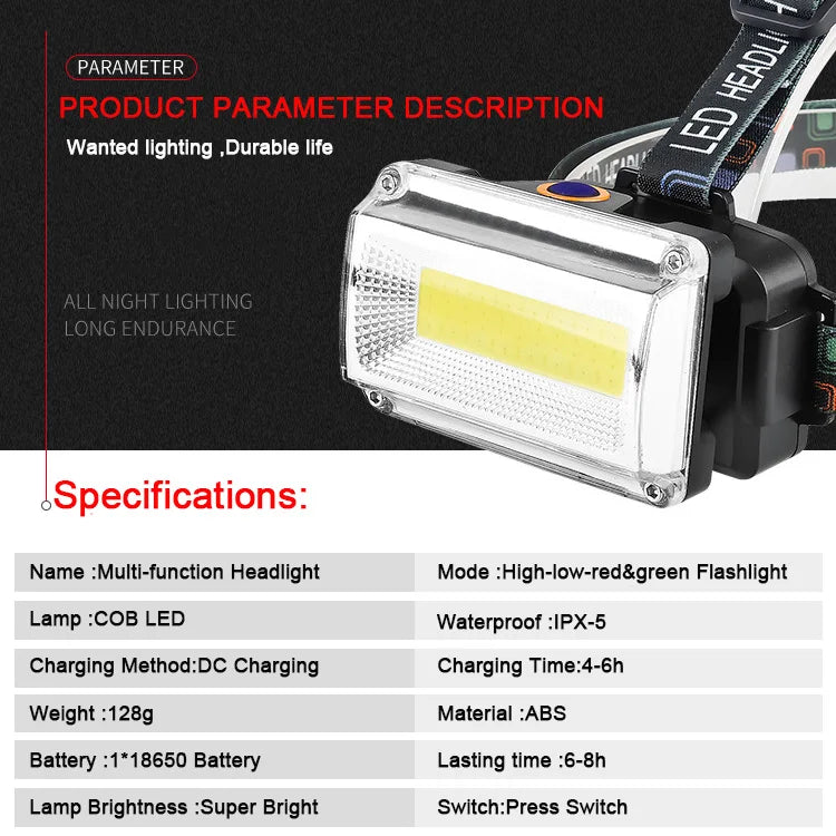 High Light COB Headlamp Usb Rechargeable Torch Outdoor Waterproof 18650 Head Flashlight Camping Fishing Lantern Head Front Light