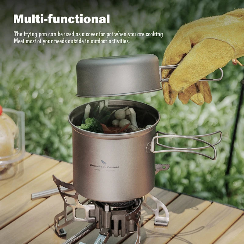 Boundless Voyage Outdoor Titanium Camping Pot Pan Set with Folding Handle Picnic Hiking Mini Size Cookware Mess Kit Ti2037-39C