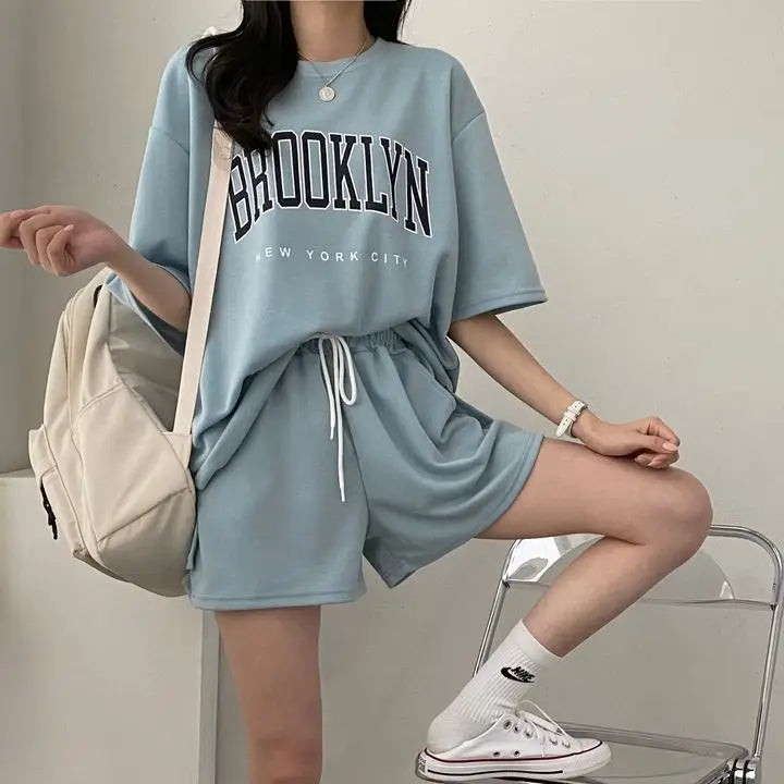 Korean Style Summer Female Sporty Outfit Running Gym Suit Women Clothing Two Piece Sets Short Sleeve T shirt Top Shorts Casual