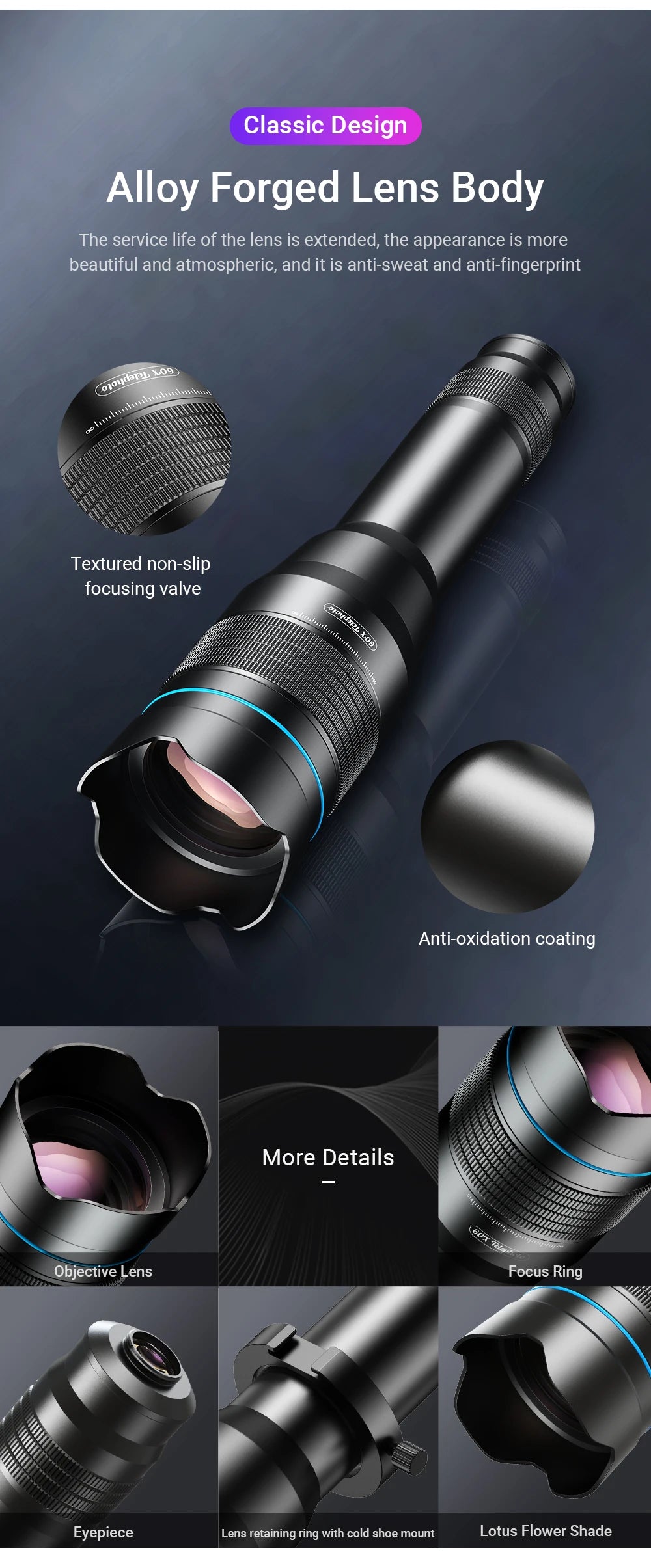 APEXEL 60X Telephoto Phone Lens Metal Monocular LongRange with Tripod for Iphone13/14 ProMax Outdoor Mobile Telescope Spot Scope