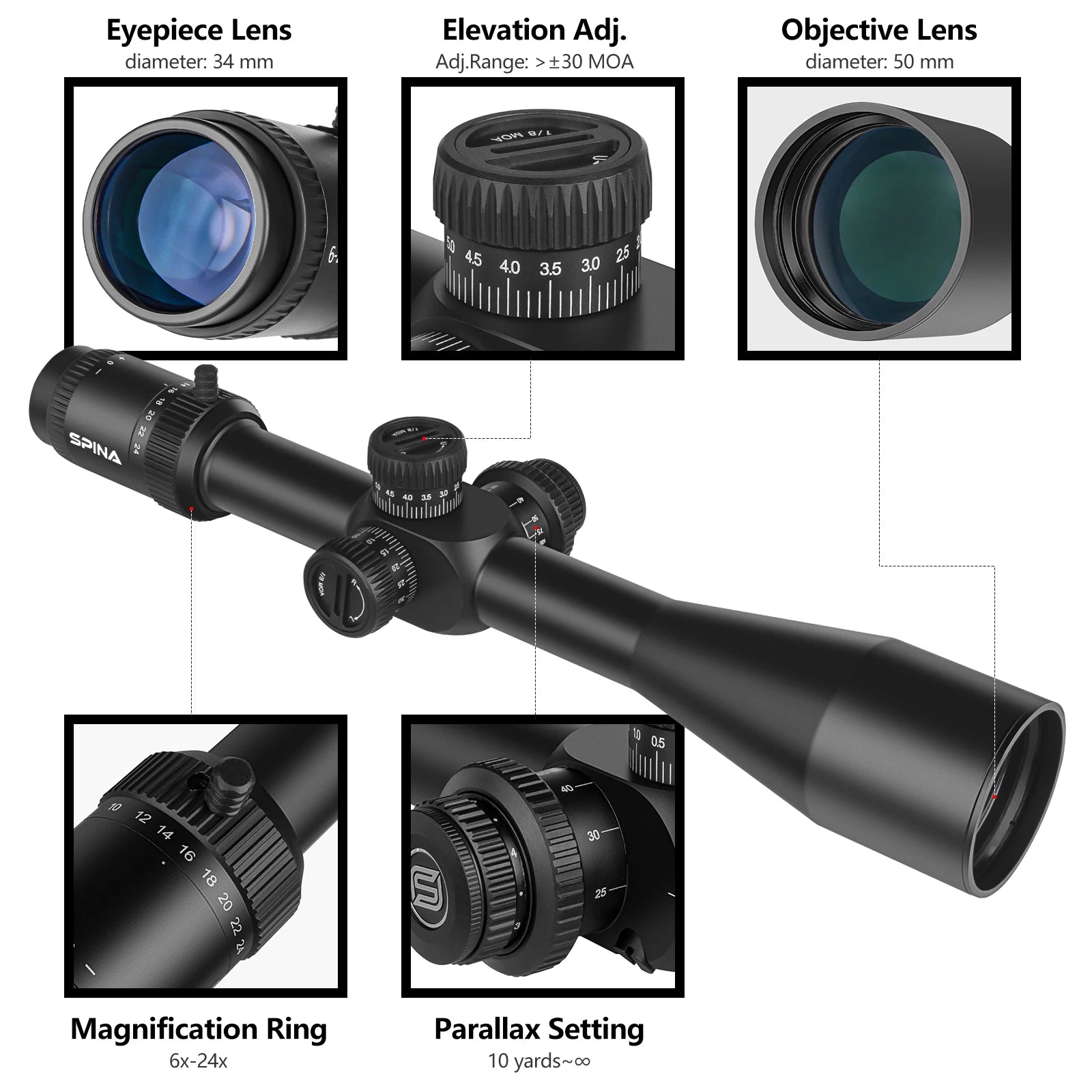 SPINA Optics 6-24x50 FFP/SFP Spotting Scope Rifle Hunting Illuminated Hunting Turrets Lock Reset Optical Sights Outdoor Hunting