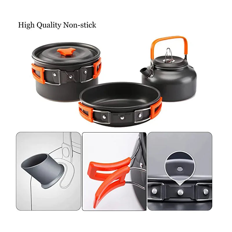 Aluminum Outdoor Camping Cookware Set with Mesh Bag Folding Cookset Camping Kitchen Cooking Teapot and Pans Equipment