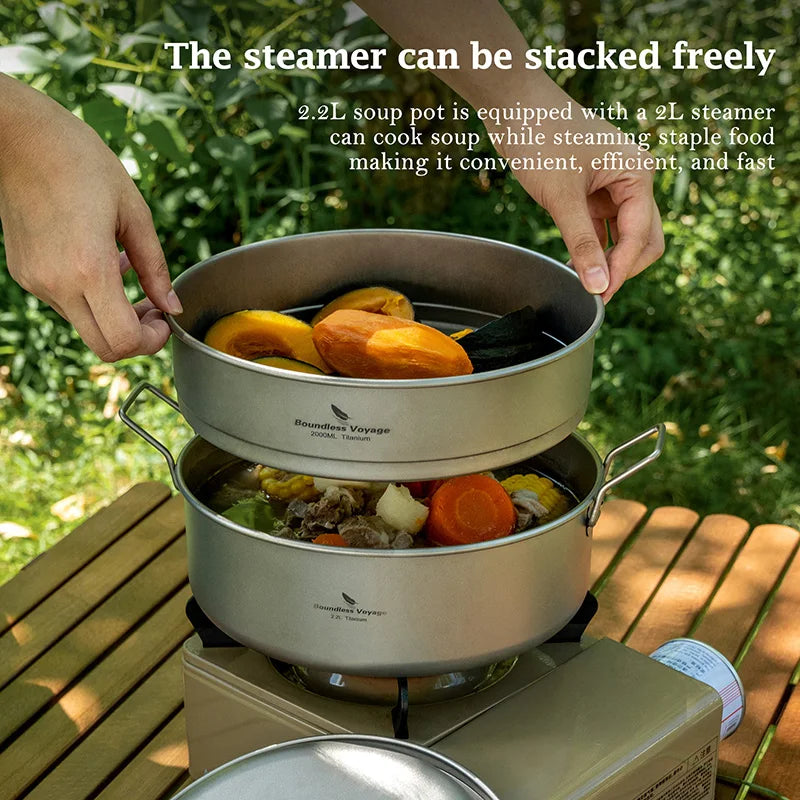 Boundless Voyage 2.2L Titanium Stock Pot & 2L Steamer Outdoor with Lid Soup Pot Kitchen Camping Cookware with Folding Handle