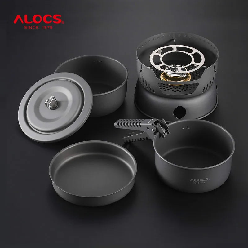 ALOCS 2-4 Person Outdoor Cookware Camping Alcohol Stove Cook Set for Camping Hiking Picnic Stove with Gripper Pot