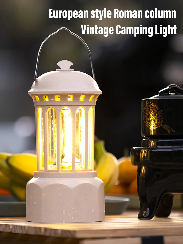 European Roman Pillar Vintage Camping Lantern Flashlight Rechargeable Lamp With Hook Warm White Light For Camping, Exploring