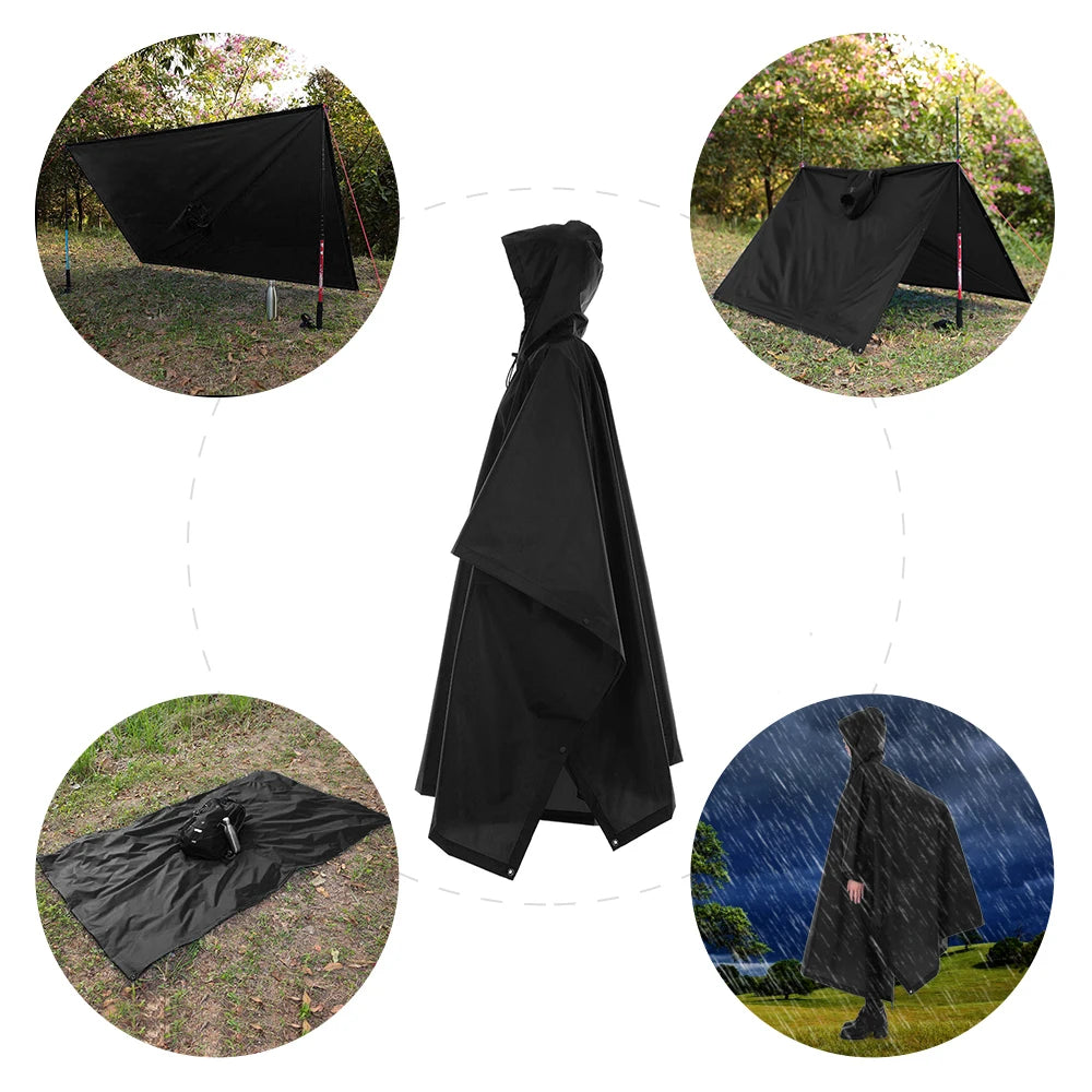 3-in-1 Waterproof Rain Poncho Lightweight Hooded Rain Coat Picnic Mat Blanket Sun Shelter for Outdoor Camping Cycle Climbing