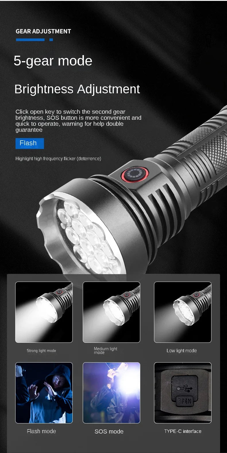 High Power Rechargeable LED Flashlight with 19/31/55 lamp beads Self-defense Torch aluminum  Lantern edc Flashlights for Camping