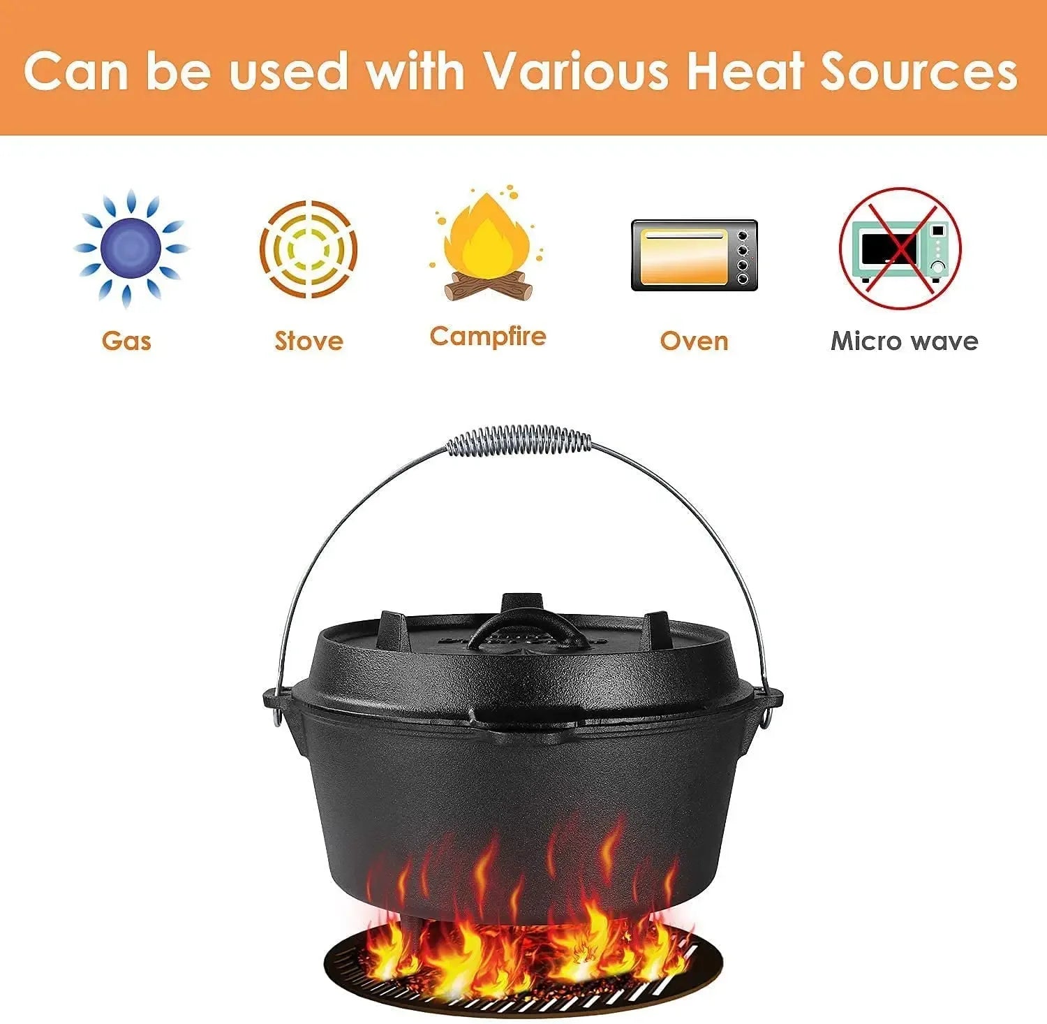 5/12.5 Quart Cast Iron Dutch Oven Camping Pot Outdoor Portable Multi-function Cookware Stew Barbecue Soup Picnic Pot