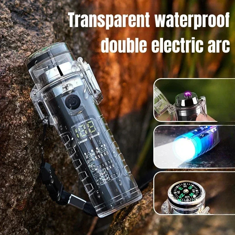 2024 Outdoor Camping Compass Waterproof Electric Dual Arc Type-C USB Lighter Multi-Function Flashlight Survival Ignition Tool