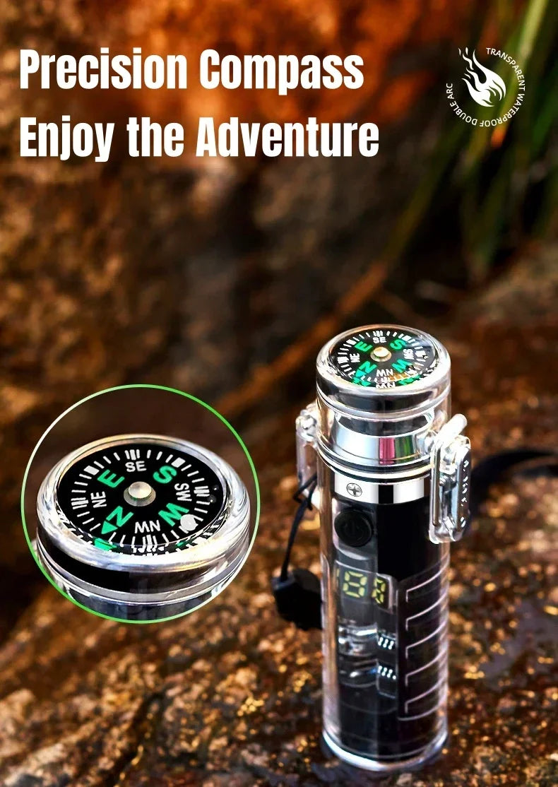 2024 Outdoor Camping Compass Waterproof Electric Dual Arc Type-C USB Lighter Multi-Function Flashlight Survival Ignition Tool