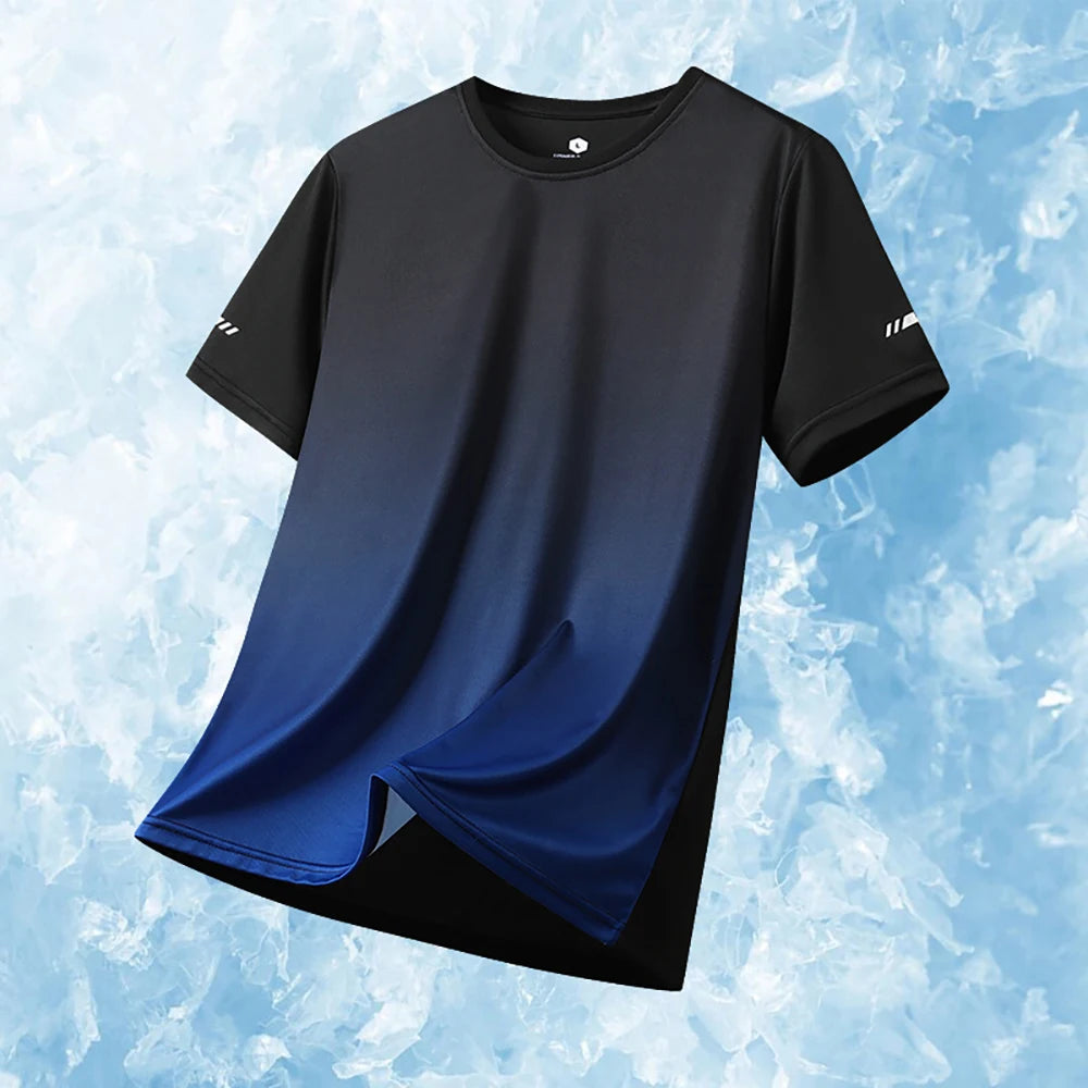 Men's Sports T-Shirts Gradient Quick Drying Elastic Breathable Short Sleeve Summer Casual Loose Clothing Tops Running Sportswear