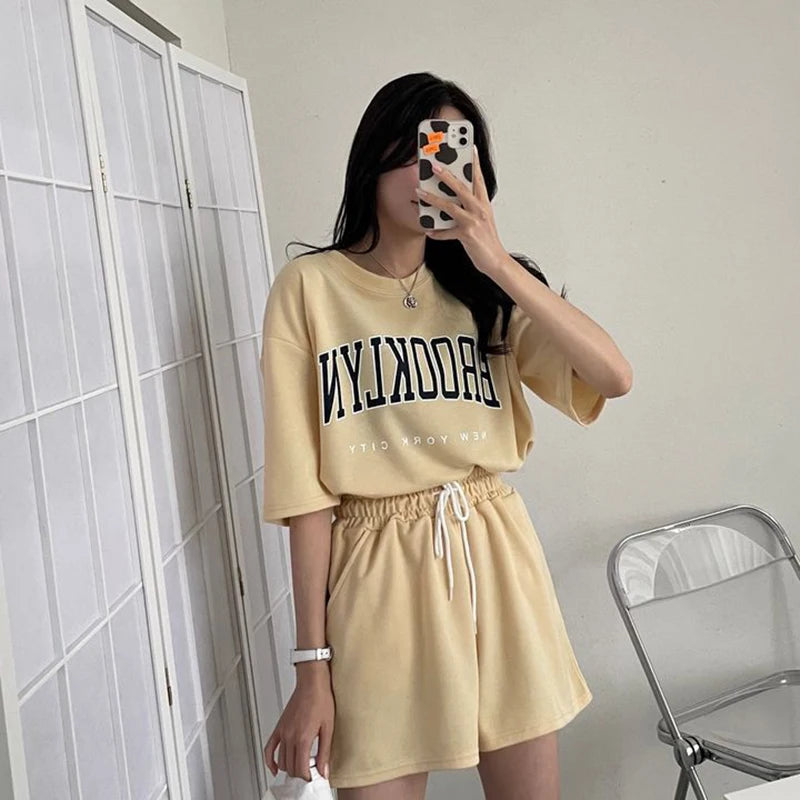 Korean Style Summer Female Sporty Outfit Running Gym Suit Women Clothing Two Piece Sets Short Sleeve T shirt Top Shorts Casual