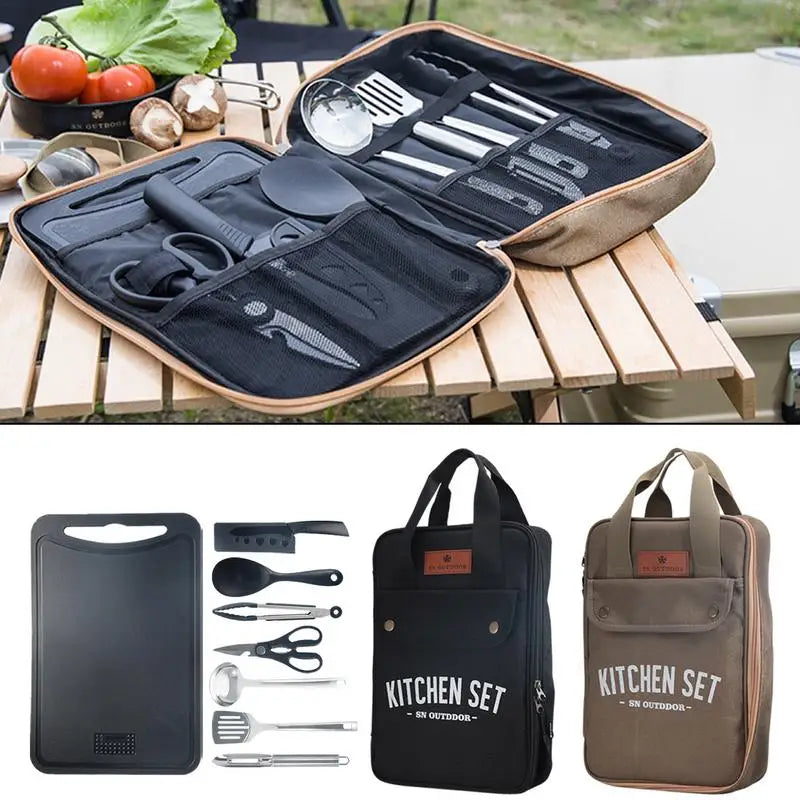 8pcs/set Camping Kitchen Cookware Set Portable Camp Kitchen Set Spatula And Cutting Board Storage Bag Set Camping Kitchenware