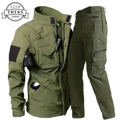 Outdoor Tactical Sets Men's Waterproof Windproof Soft Shell Jackets +cotton Multiple Pockets Pants Suit Casual Plus Size Suits