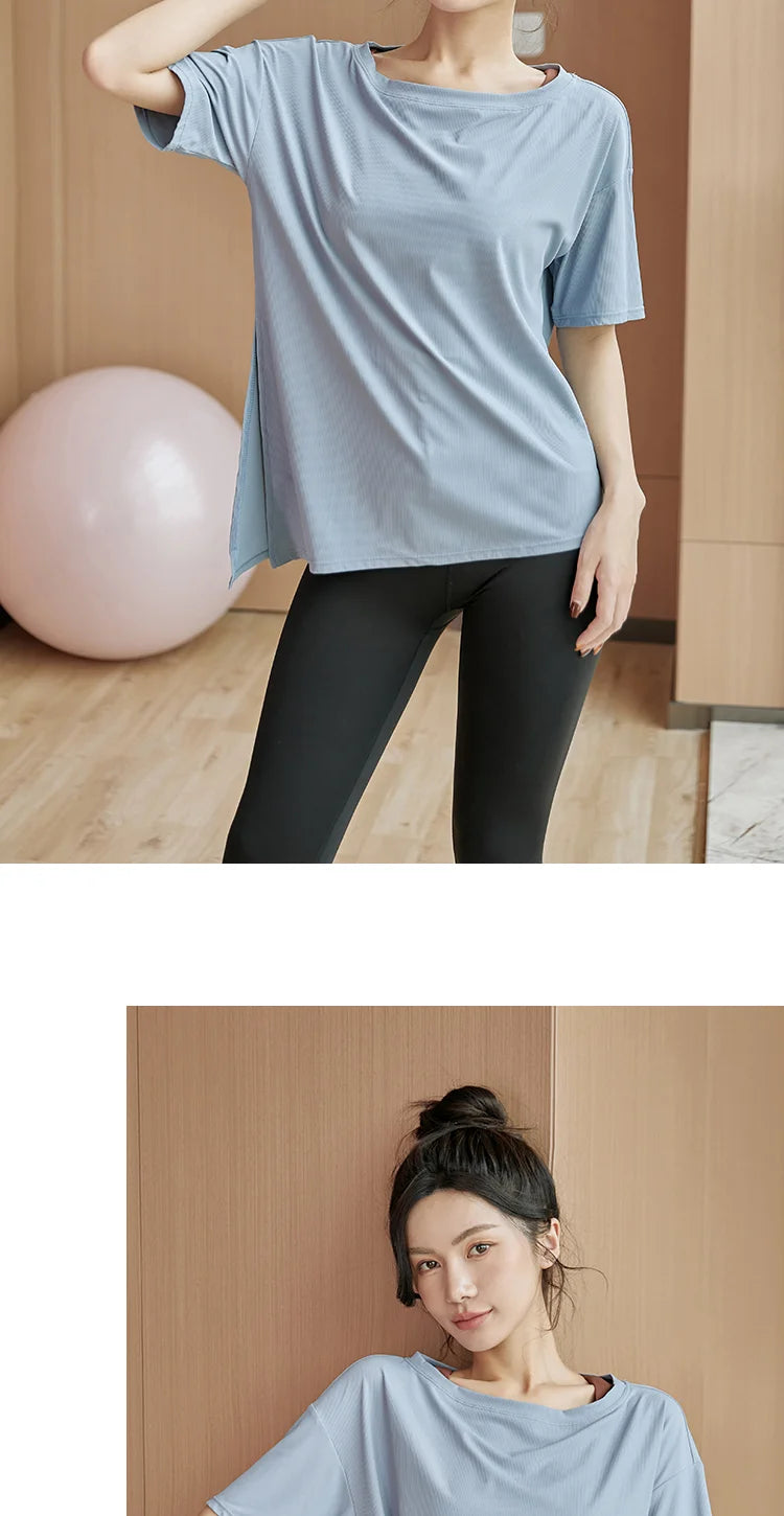 Gym Sports Tops Women's Yoga Clothing Running Loose Slim Quick Dry Training Short Sleeve Thin Tops Fitness Tops Fall Gym Split